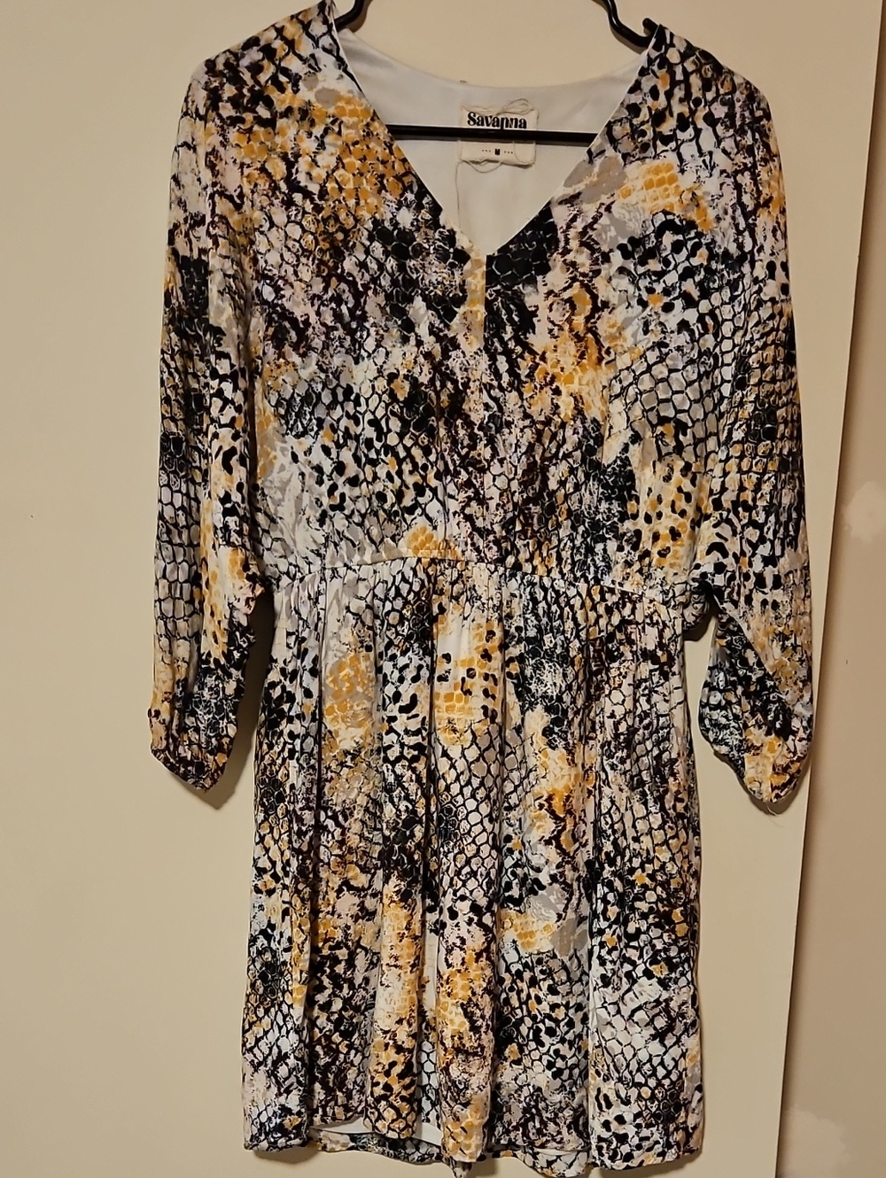 Savanna Jane Black, White & Yellow Snake-Print V-Neck Mini Dress